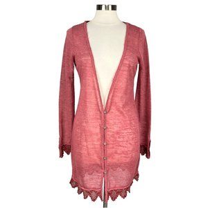 Free People Womens Long Duster Cardigan Sweater Dusty Rose Pink Lace Trim size M